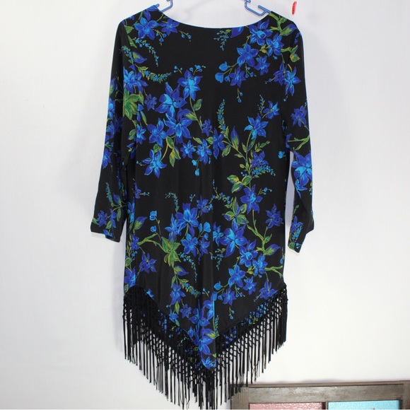 Vintage blue and black floral fringe mini dress women’s medium maggie sweet - Picture 3 of 3